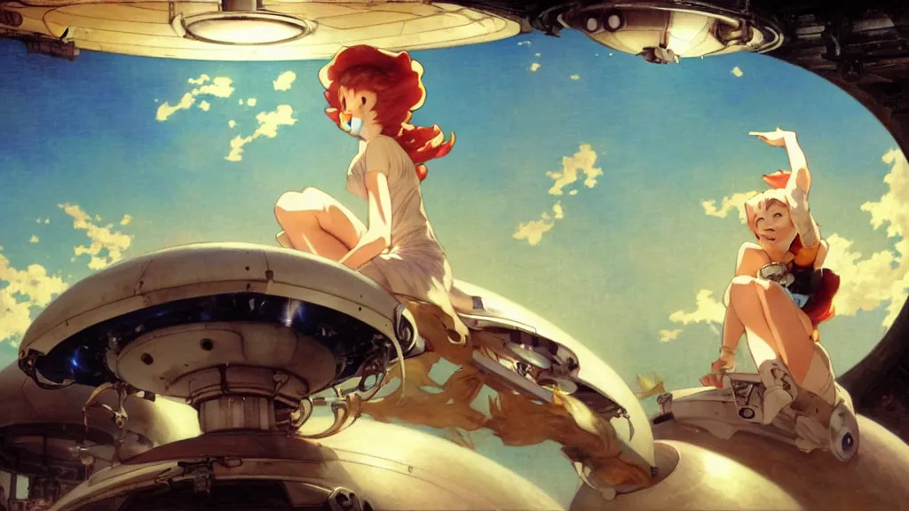 Image similar to a film still of a 1 9 5 0's mechanic anime girl sitting on top of flying ufo landing in hangar of giant ufo spaceship, sharp face focus, finely detailed features, full body mid shot, perfect art, trending on pixiv fanbox, painted by gaston bussiere, makoto shinkai, akihiko yoshida, gaston bussiere, craig mullins