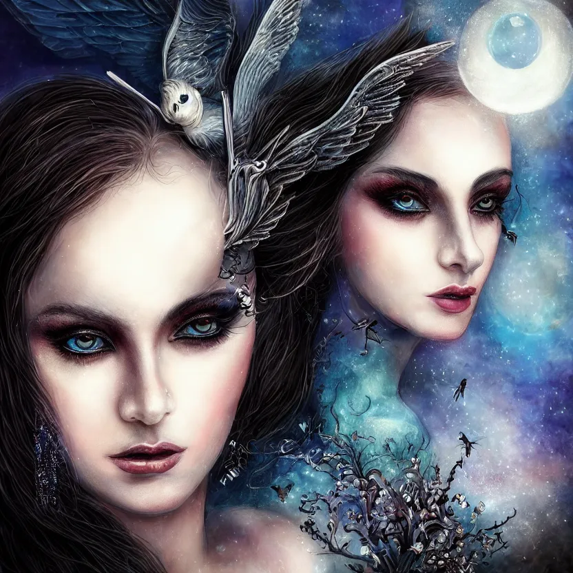 Image similar to close up portrait on the enchanting femenine witch, hyper attractive, seductive, very complex, hyper-maximalist, overdetailed, legendary cinematic, darkfantasy, archetype with timeless beauty breathtaking eyes & glowing wings, collossal moon rising behind her with bird shadows, highly intricate, digital art, very elegant, HDR 8K, biblical art, realism, incomprehensible yet perspicious detail, unbeatable quality, silent hill aesthetic, photorealistic, lifelike, DSLR 8k, unbeatable coherency, Omnious intricate, octane render, created Nixeu & z--ed from deviantart