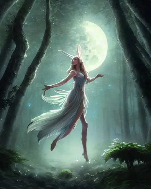 Image similar to attractive fairy goddness fly high in the night, d & d, fantasy, mist, full moon in background, trees, hyper detailed, art by artgerm and greg rutkowski and magali villeneuve, midium shot, 8 k realistic, cryengine, digital painting, trending on artstation, concept art, sharp focus, illustration,