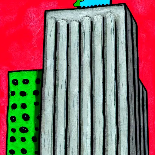 Image similar to a real concrete building with anthropomorphic qualities. a painting of sceptile by ricardo bofill. one building that reminds me of a green lizard with a red mouth. clearly a building. poorly drawn, bad, low quality, ugly, not very aesthetic at all in fact