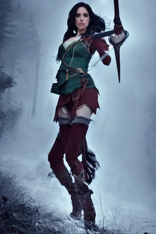 Image similar to Laura Bailey as Vex'ahlia from Vox Machina, Half-elf Ranger, realistic cinematic shot, swirling nature magic, subtle fog and mood lighting