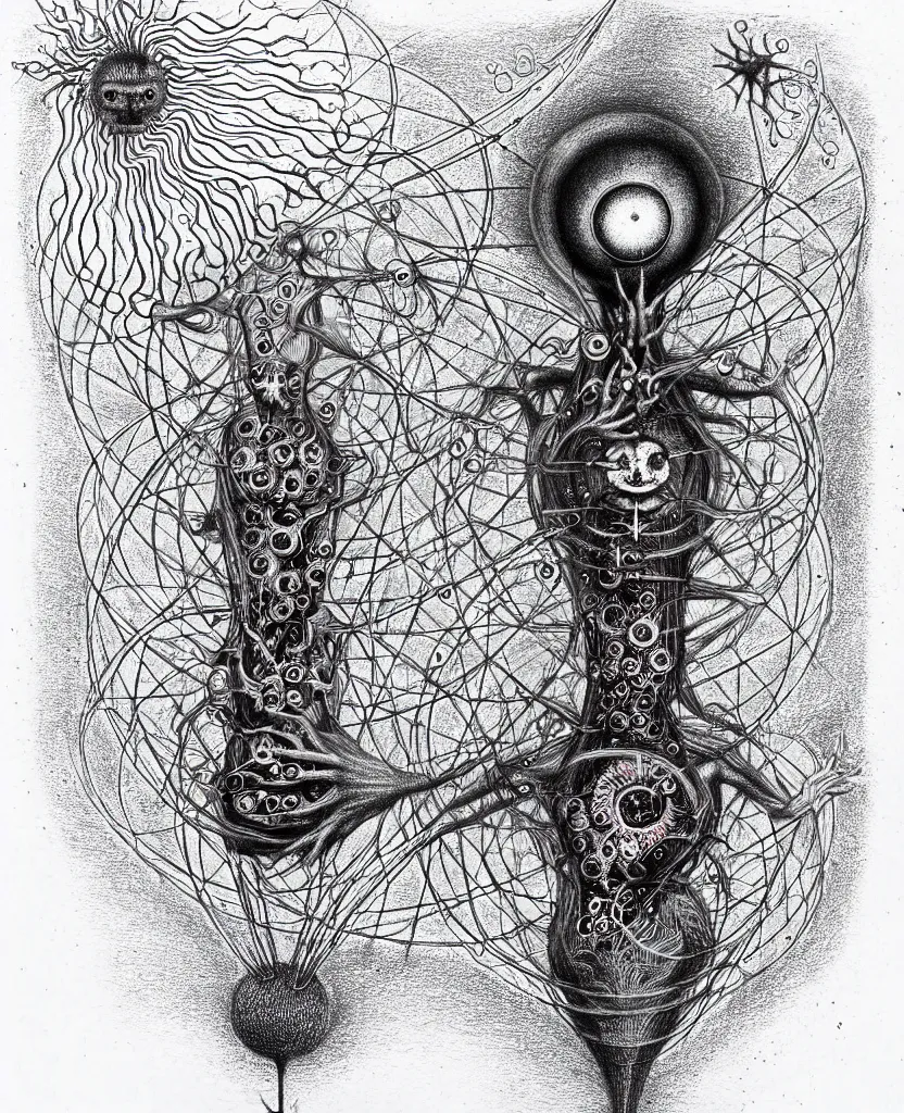 Prompt: whimsical freaky creature sings a unique canto about'as above so below'being ignited by the spirit of haeckel and robert fludd, breakthrough is iminent, glory be to the magic within, ballpoint drawing by ronny khalil