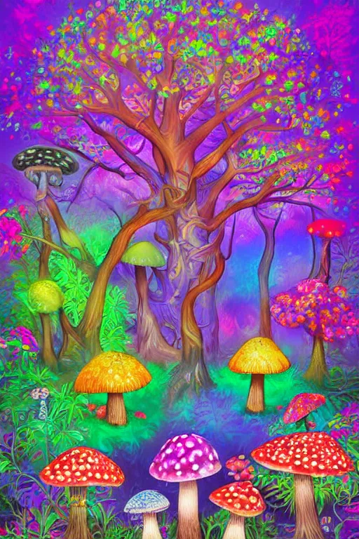 Image similar to digital painting detailed forest tree magical forest flowers mushrooms painted by Lisa frank