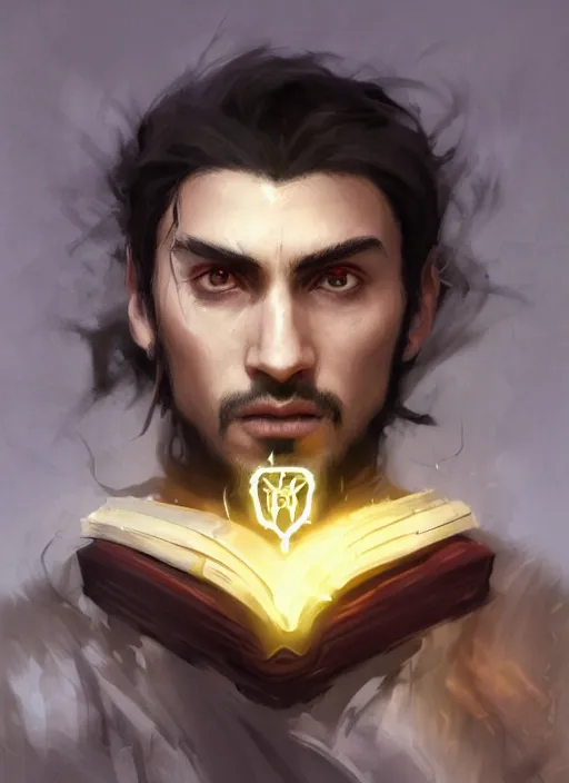 Prompt: character concept portrait of a handsome young twisted dark hispanic wizard with olive skin and glowing red eyes casting a zombie spell, a floating iridescent spell book in the center, intricate, elegant, digital painting, concept art, smooth, sharp focus, illustration, from Metal Gear, by Ruan Jia and Mandy Jurgens and William-Adolphe Bouguereau, Artgerm