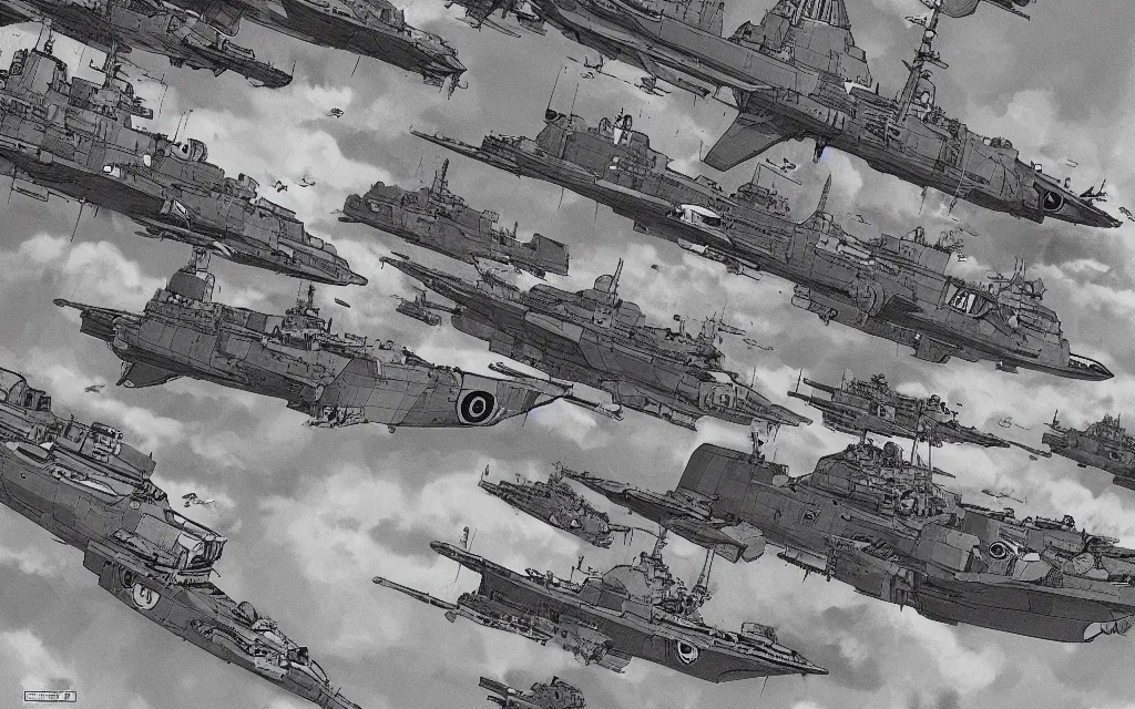 Prompt: a fleet of ww 2 japanese battleships flying between the clouds, in the style of james jean and laurie greasley, dynamic composition, dramatic lighting, hyper - realistic, ultra detailed