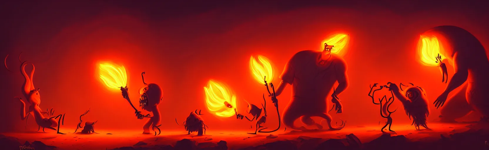 Prompt: wild whimsical fiery mutants from the depths of a wasteland deep in the imaginal realm, dramatic lighting, surreal fleischer cartoon characters, shallow dof, surreal painting by ronny khalil