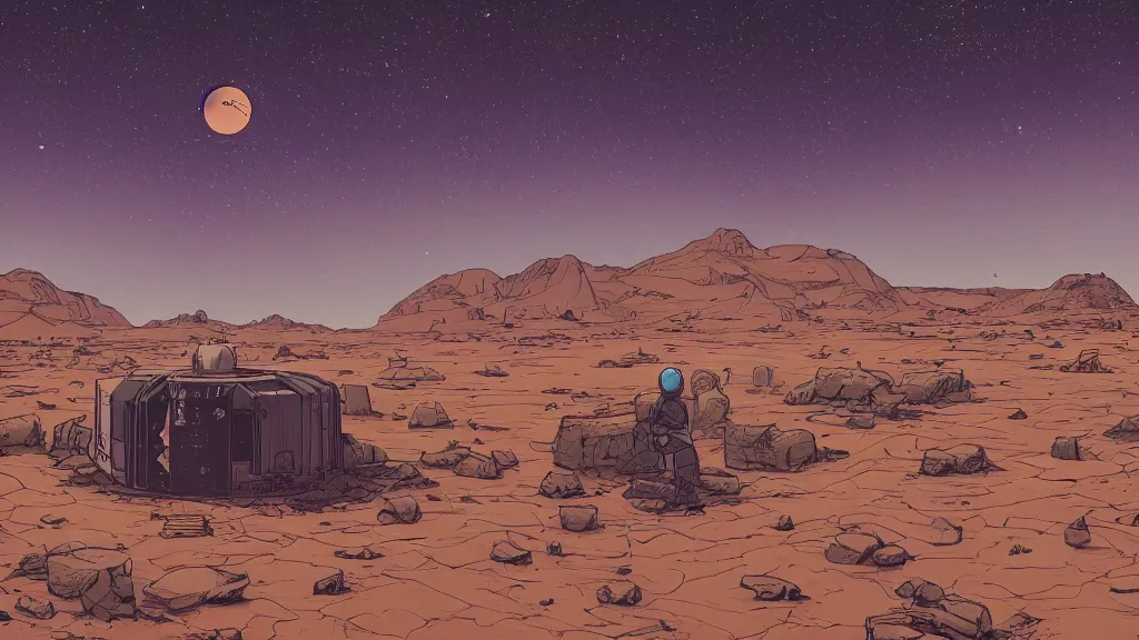 Prompt: very detailed, prophet graphic novel, ilya kuvshinov, mcbess, rutkowski, simon roy, illustration of a plateau with a large vault door on a desert planet, wide shot, colorful, deep shadows, astrophotography