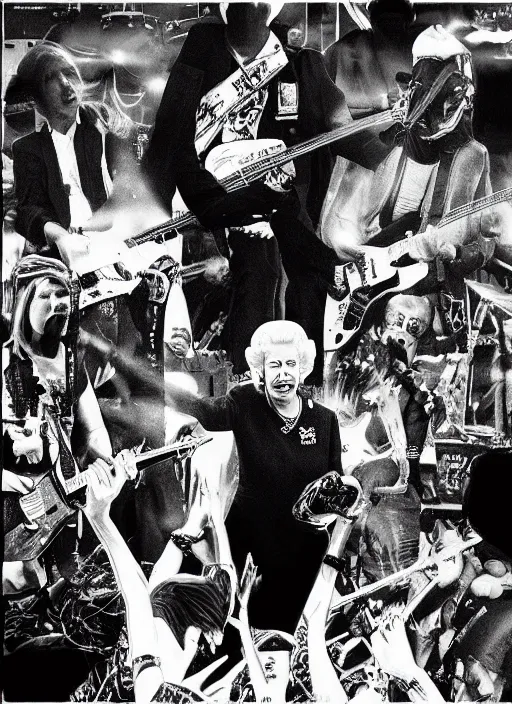 Prompt: “Queen Elizabeth II on a concert stage singing with a punk band. Crowd of people watching. Spotlights, smoke. Artstation.”