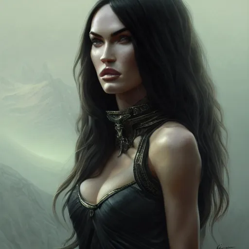 Image similar to portrait of megan fox, muscular upper body, collared, greek, jewelry, black dress, fantasy, intricate, elegant, highly detailed, digital painting, artstation, concept art, matte, sharp focus, illustration, art by aenaluck and roberto ferri and greg rutkowski, epic fantasy, digital painting