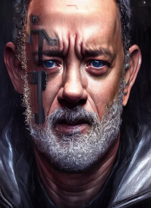 Image similar to portrait of Tom Hanks as a homeless character in Cyberpunk 2077, looking at camera, intricate, dystopian, sci-fi, extremely detailed, digital painting, artstation, concept art, smooth, sharp focus, illustration, intimidating lighting, incredible art by artgerm and greg rutkowski and alphonse mucha and simon stalenhag