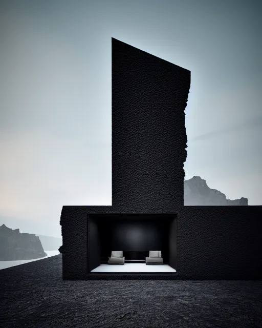 Image similar to tall black geometric house, embedded in lava cliff, full view, black house, molten metal house, minimal, rippled white landscape, dwarven architecture, light from molten iron, octane render, hyper realistic, 8 k, octane render