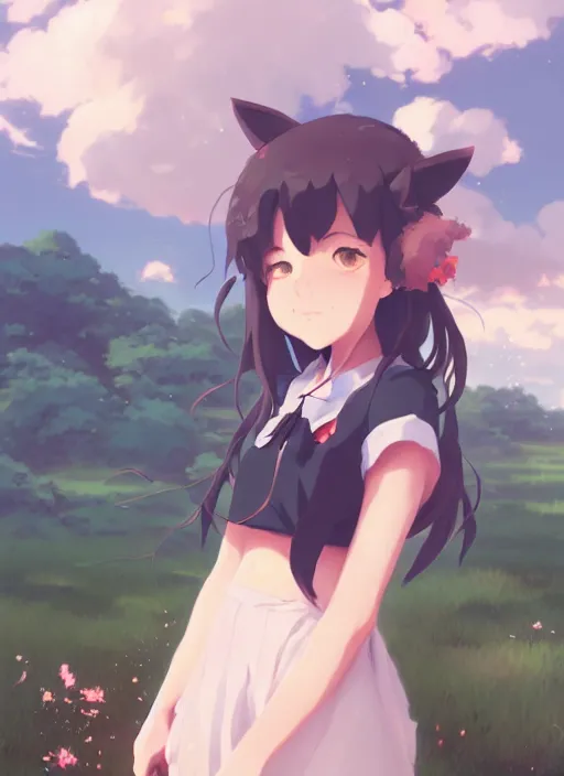 Image similar to portrait of cute catgirl, cloudy sky background lush landscape illustration concept art anime key visual trending pixiv fanbox by wlop and greg rutkowski and makoto shinkai and studio ghibli