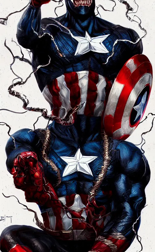 Image similar to full body portrait of venom as captain america, dynamic lighting, cinematic, ultra detailed, trending on art station, stunning visuals, creative, fantasy concept art