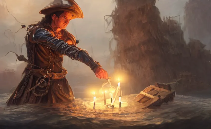 Image similar to concept art of a swashbuckler holding a candle holder discovering a sunken city, wearing a cape, on a ship, highly detailed, digital art, illustration, artstation, very detailed, 4 k