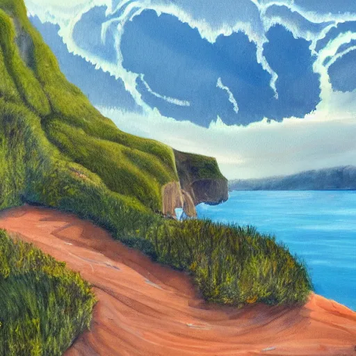 Prompt: painting of a lush natural scene on an alien planet by emma webster. beautiful landscape. weird vegetation. cliffs and water.