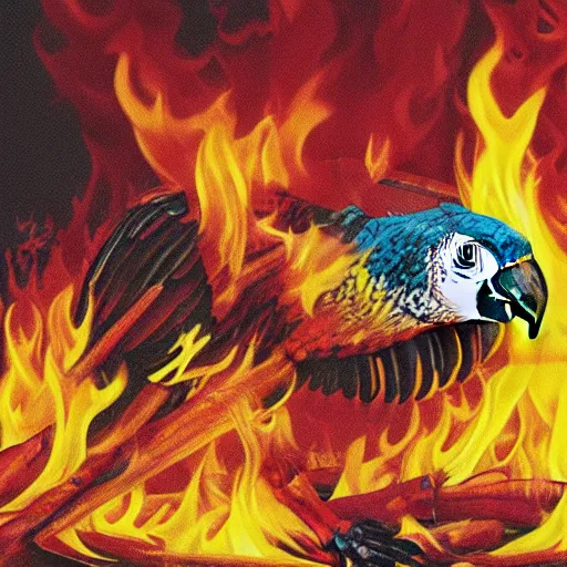 Prompt: parrot burning alive, huge fire, cartoon blood dripping