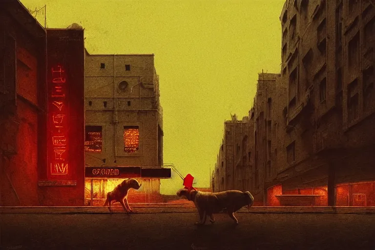 Image similar to a white hunting dog pointing at a supermarket, in the style of beksinski, intricate and epic composition, yellow by caravaggio, insanely quality, highly detailed, masterpiece, red light, artstation, 4 k