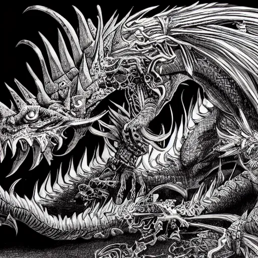 Image similar to Automaton fire dragon spirit, drawn by Kentaro Miura, ink, manga, maximalist, high detail, 8k