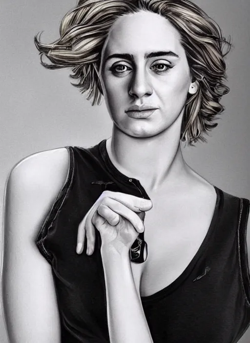 Image similar to full length photo of Adèle Haenel in a tanktop in the style of stefan kostic, full body, not realistic, sharp focus, 8k high definition, insanely detailed, intricate, elegant, art by stanley lau and artgerm