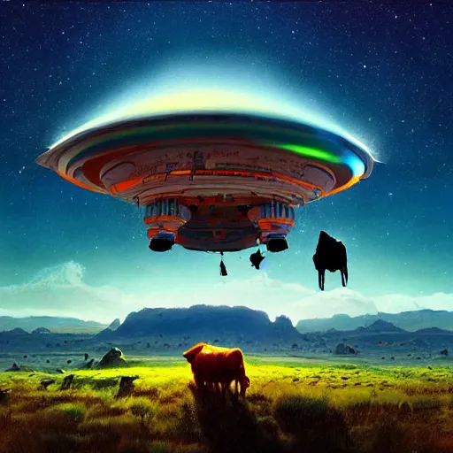 Image similar to ufo over the cow, Bright colors, fantastic landscape, hyperrealism, no blur, 4k resolution, ultra detailed, style of Anton Fadeev, Ivan Shishkin, John Berkey