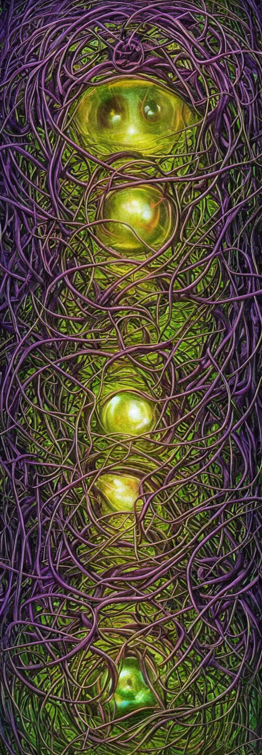 Prompt: many large beautiful eyeballs inside of extremely thick iridescent vines intertwined, central composition, high saturation, epic lighting, in the style of Peter gric and Amanda Sage 8k