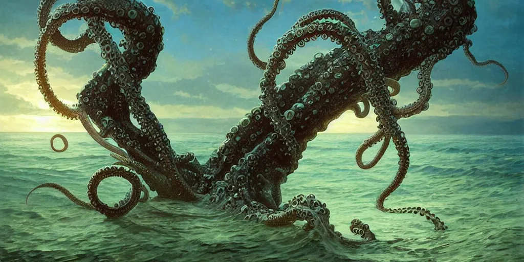 Image similar to a tentacled creature emerging from the ocean near a fishing village in large landscape, night colors, high - key lighting, beautiful composition, intricate, gradient from green to black, pro photography by, highly detailed, digital painting, art by artgerm and greg rutkowski and alphonse mucha, smooth, sharp focus illustration