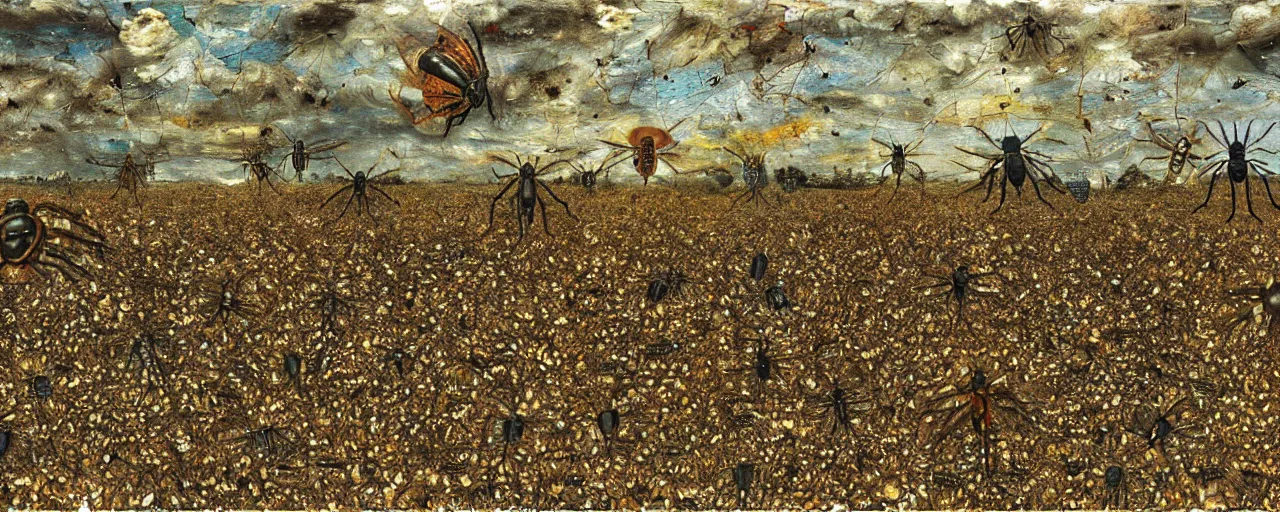 Image similar to strange giant insects, beetles and flies, swarming in a cornfield, oil painting by max ernst and anselm kiefer, decay, mixed media, textured, sharp focus, highly detailed, photographic emulsion cracked and peeling, rust, cinematic lighting, 8 k, hd