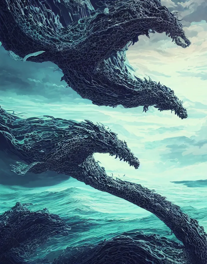 Image similar to long dragon wrapped around a land formation overseeing a vast ocean, intricate abstract. delicate artwork. by Tooth Wu, wlop, beeple, dan mumford. octane render, trending on artstation, greg rutkowski very coherent symmetrical artwork. cinematic, hyper realism, high detail, octane render, 8k, depth of field, bokeh. chrome accents.