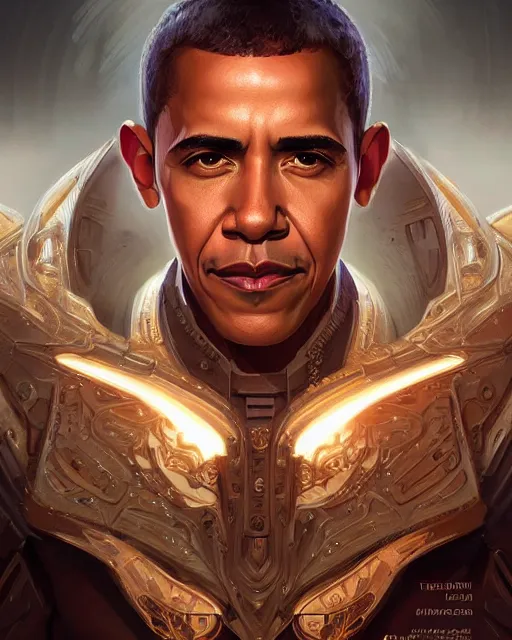 Image similar to portrait of holy cyborg barack obama savior, god, fantasy, intricate, elegant, highly detailed, digital painting, artstation, concept art, smooth, sharp focus, illustration, by artgerm and greg rutkowski