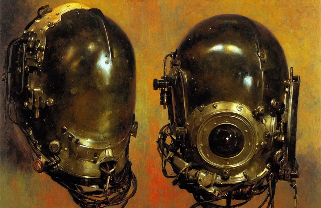 Image similar to portrait of deep sea diver helmet!!!!!!!!!!!!!!!!!!!!!!!!!!!, detailed face, detailed painting, epic lighting, by ilya repin, phil hale and kent williams