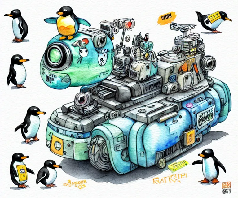 Prompt: cute and funny, penguin riding in a mechanized mech unit, ratfink style by ed roth, centered award winning watercolor pen illustration, isometric illustration by chihiro iwasaki, edited by range murata, tiny details by artgerm and watercolor girl, symmetrically isometrically centered, sharply focused