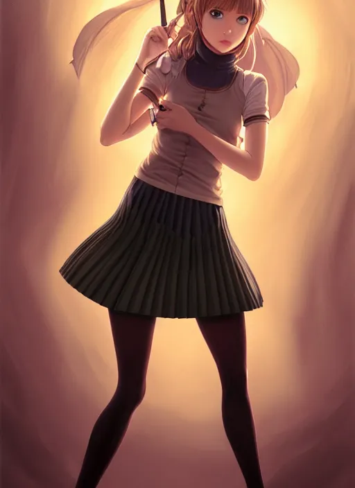 Image similar to portrait of a full body of beautiful young female detective, d & d, sleeveless turtleneck, pleated skirt, fantasy, flat lighting, intricate, highly detailed, digital painting, artstation, concept art, smooth, sharp focus, illustration, misa amane, art by simon bisley and greg rutkowski and alphonse mucha, natural tpose