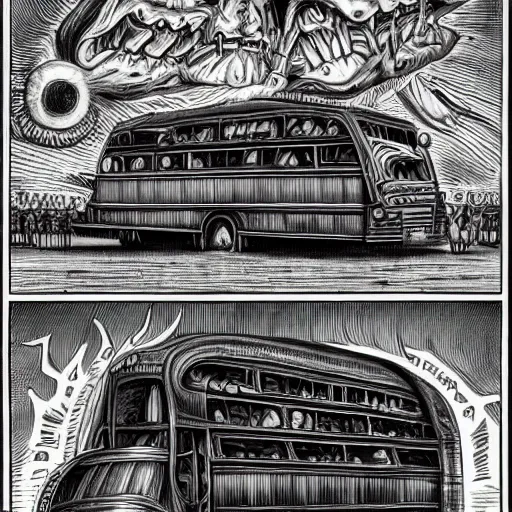 Image similar to an evil, horrific, cosmic, grotesque school bus full of tortured souls. it is traveling down the highway to hell. h. r. giger, h. p lovecraft, surrealism, highly detailed