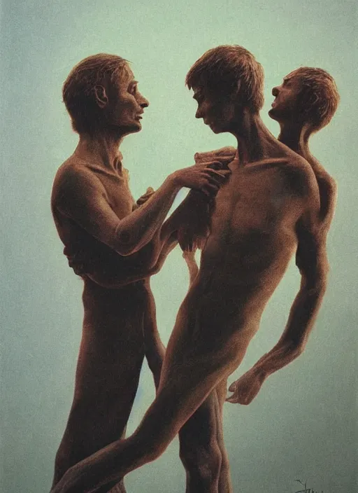 Image similar to portrait of Mads Mikkelsen and Hugh Dancy holding hands romantically as they chaperone school dance by Zdzislaw Beksinski, Michael Whelan, Bob Larkin and Tomer Hanuka, simple illustration, domestic, nostalgic, clean, Matte painting, trending on artstation and unreal engine, New Yorker magazine cover, 1980s romance book cover