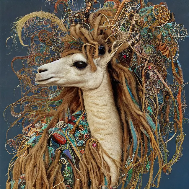 Image similar to llama with dreadlocks, detailed, by ernst haeckel, james jean, el anatsui, mandy jurgens, alphonse mucha, maxfield parrish