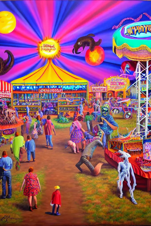 Image similar to a hyperrealistic painting of a monsters day at the county fair, cinematic horror by jimmy alonzo, lisa frank, the art of skinner, highly detailed, vivid color,