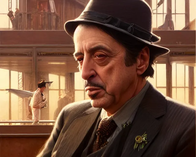 Image similar to highly detailed portrait of al pacino, in boardwalk empire, stephen bliss, unreal engine, fantasy art by greg rutkowski, loish, rhads, ferdinand knab, makoto shinkai and lois van baarle, ilya kuvshinov, rossdraws, tom bagshaw, global illumination, radiant light, detailed and intricate environment