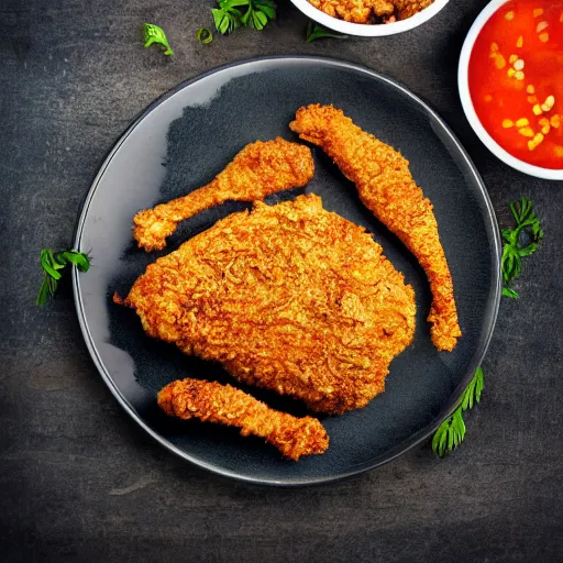 Prompt: chicken fried on a computer cpu chip plate, food, photograph, poster, orthographic