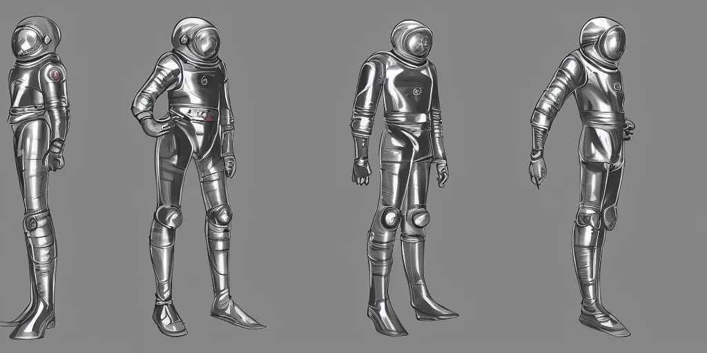 Image similar to male, space suit, character sheet, concept art, very stylized, large shoulders, short torso, long thin legs, cartoon proportions, tiny feet, concept design, by jean giraud