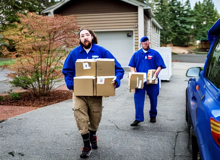 Image similar to dslr photo still of post malone as a postal worker mailman putting letters in mailbox and delivering packages to door, 8 k, 8 5 mm f 1 6