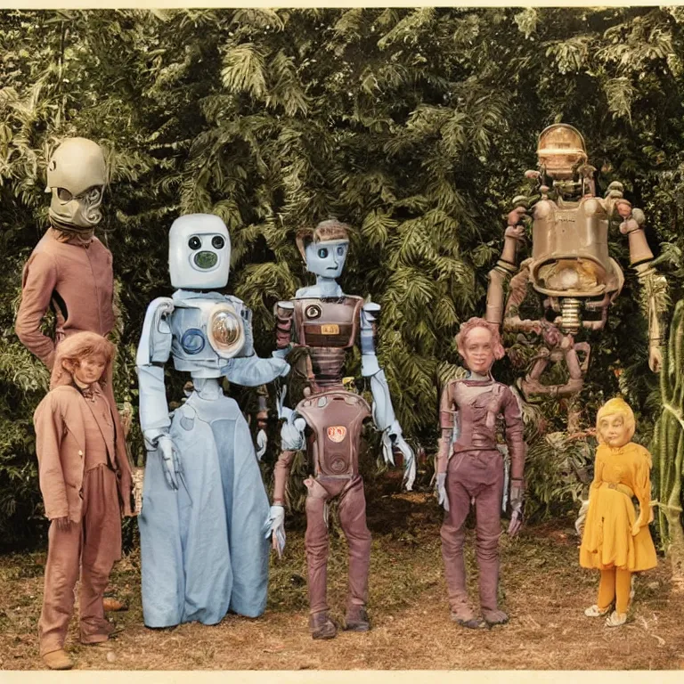 Prompt: 140mm film still from a sci fi blockbuster color movie made in 2019, set in 1860, of a human family standing in a park, next to some alien plants and flowers, their cute humanoid robot is standing next to them, on an alien planet, the family are all wearing 1850s era clothes, good lighting, good photography