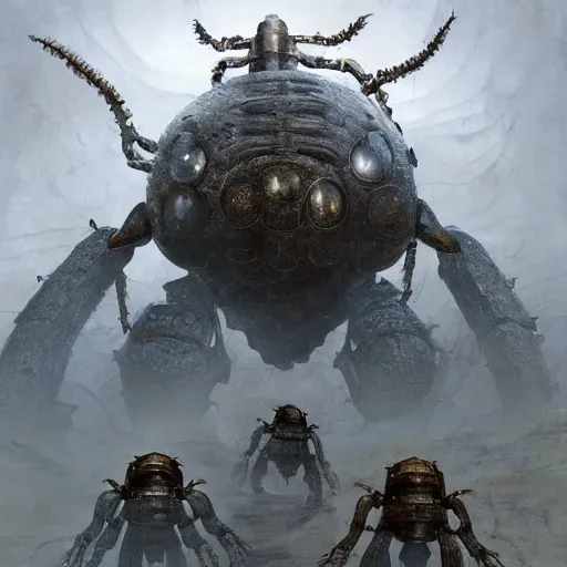 Image similar to giant armored ashigaru beetle war construct golem, glowing gnostic brian froud markings, magic and steam - punk inspired, in an ancient stone circle on a plateau in a blizzard, kanji markings, concept painting by jessica rossier, hr giger, john berkey