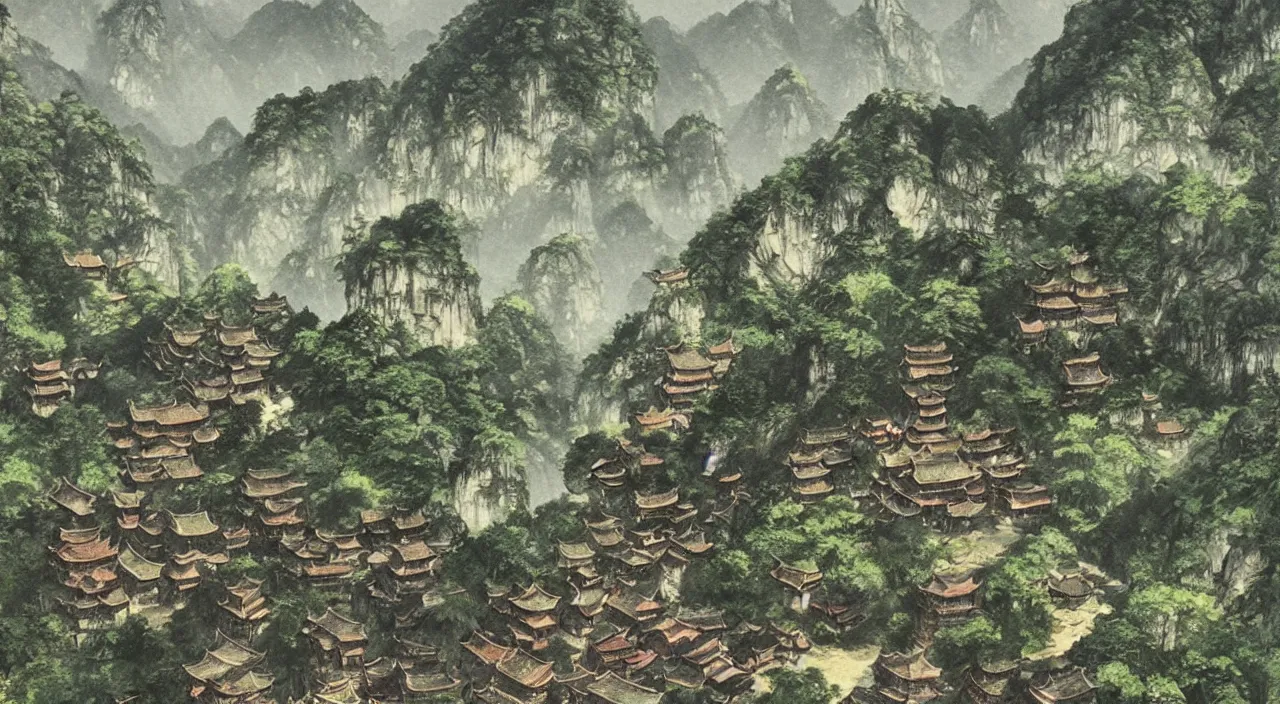 Prompt: beautiful wuyi shan village scenery in summer by bernie wrightson : : 1 9 6 0 s, beautifully lit, serene, han dynasty
