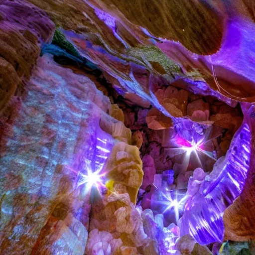 Prompt: high definition nature documentry footage of the worlds largest cavern full of giant neon crystals