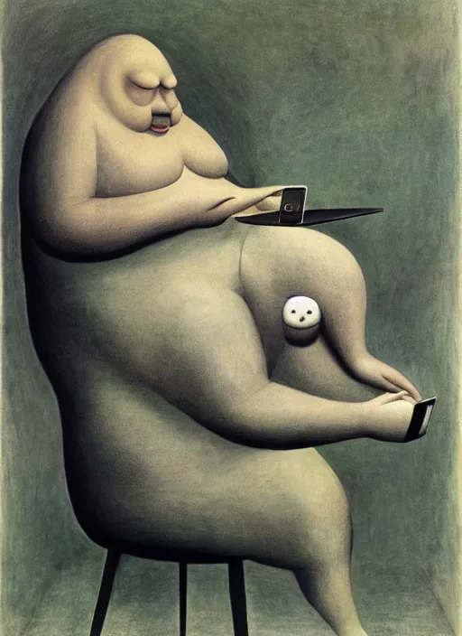 Image similar to fat monster sitting on chair looking at his smartphone, hysterical, sweat, fat, frustrated, art by gertrude abercrombie hans bellmer and william blake