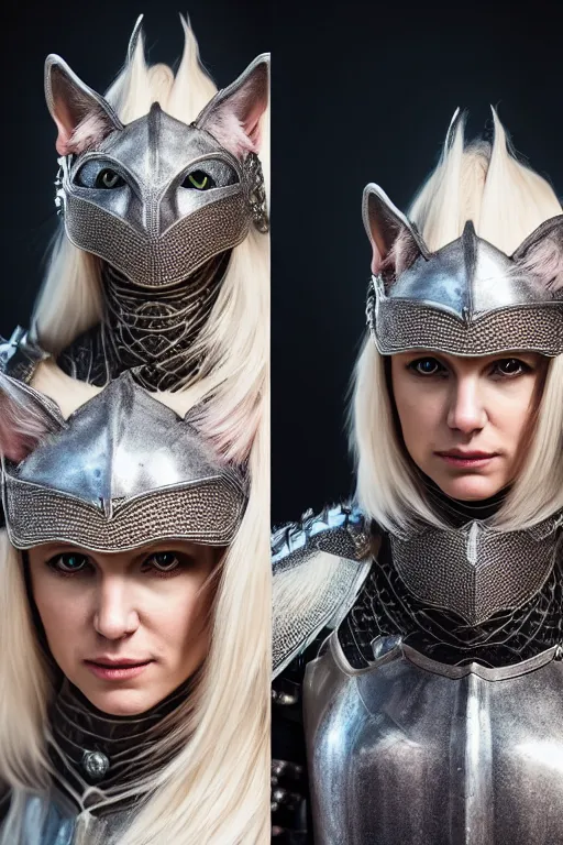 Image similar to female knight wearing a real cat on her head, armor designed by wayne barlowe, swarovski and tiffany, blonde hair, symmetry, sci - fi, cinematic, elegant, luxury, perfect light, perfect composition, dlsr photography, sharp focus, dark fantasy, 8 k, ultra hd, sense of awe, highly detailed, realistic, intricate