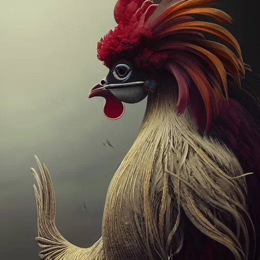 Prompt: picture generation, soft painting curiosities carnival, beautiful rooster in full long dress, accurate features, focus, very intricate ultrafine details, black white purple volumetric clouds, award winning masterpiece, octane render 8 k hd, tom bagshaw artstyle