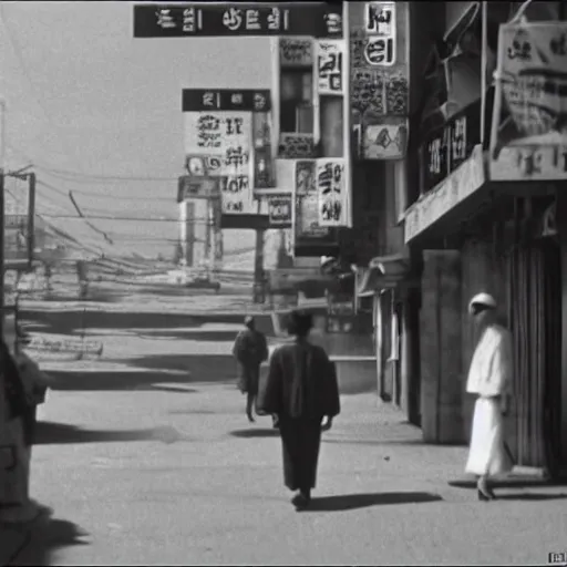 Image similar to 1950s Korean thriller film noir, a view of Shin Sang-ok in the middle of an empty scene, 35mm film, Cooke Varotal 20-100 T3.1