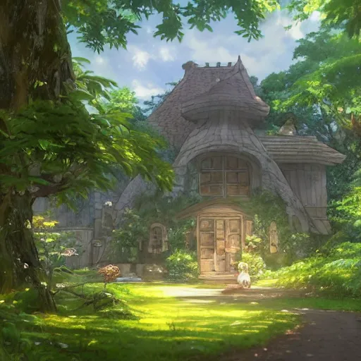 Image similar to beautiful house on a forest path, beautiful ancient trees, hiding large treasure chest, serene evening atmosphere, soft lens, soft light, cel - shading, animation, in the style of cgsociety, deviantart, artstation, zbrush, cinema 4 d, studio ghibli, akihiko yoshida, atelier lulua, james jean, masamune shirow