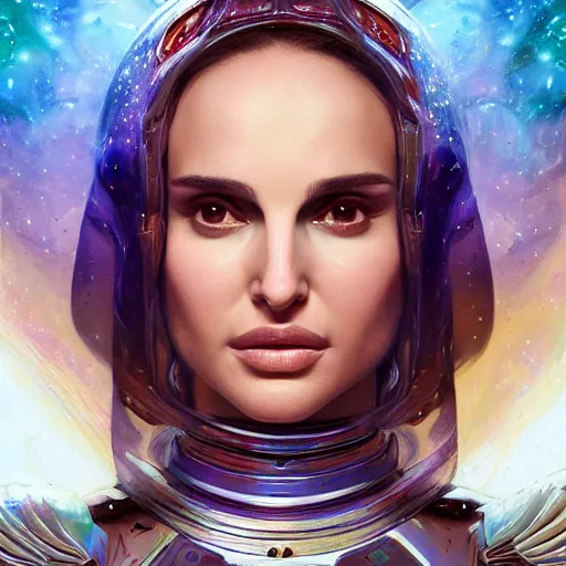 Image similar to cosmic portrait of natalie portman as a holy knight angel, au naturel, hyper detailed, digital art, trending in artstation, cinematic lighting, studio quality, smooth render, unreal engine 5 rendered, octane rendered, art style by klimt and nixeu and ian sprigger and wlop and krenz cushart.